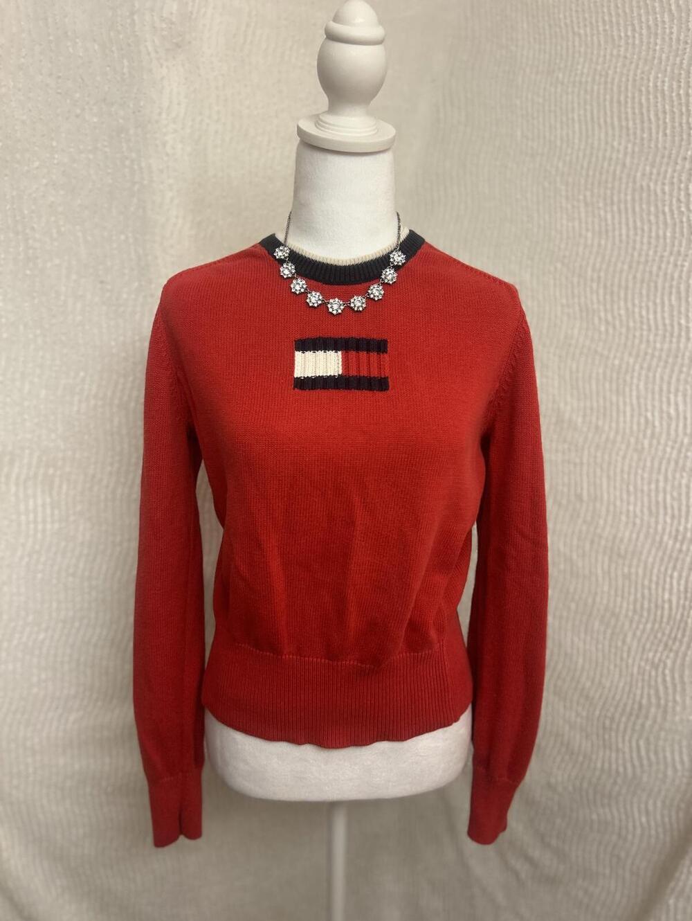 Vintage Tommy Hilfiger Red Sweater Women L (Fits S/M) Y2K Preppy Flag Logo